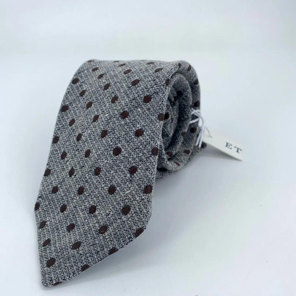 Eton Tie Mens One Size Gray Brown Polka‎ Dot Silk Classic Necktie Italy Made
